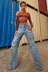 She's All That Distressed Wide Leg Jeans - Medium Blue Wash Ins Street