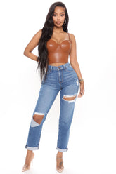 Hometown Cutie Destroyed Mom Jeans - Medium Blue Wash Ins Street