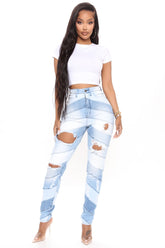 Let's Go To The Moon Patchwork Skinny Jeans - Light Blue Wash Ins Street