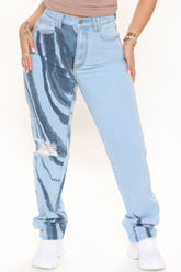 Abstract Print High Waist Straight Leg Jeans - Light Blue Wash Ins Street