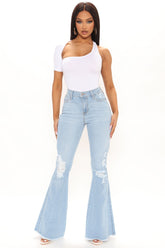 Perfect Day Ripped High Rise Flare Jeans - Light Blue Wash Ins Street