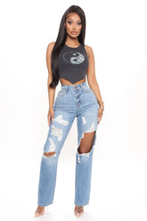Can't Tell You Non Stretch Destroyed Jeans - Medium Blue Wash Ins Street