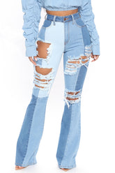 Two Timing High Rise Distressed Flare Jeans - Medium Blue Wash Ins Street