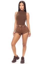 Vacay High Waist Cut Off Denim Shorts - Brown Ins Street