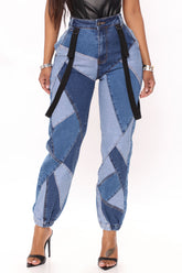 Out Of The Ordinary Patchwork Denim Joggers - Blue Ins Street