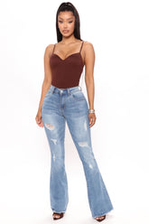 Dancing Days Distressed Flare Jeans - Medium Blue Wash Ins Street