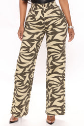 Wild Child Printed Straight Leg Jeans - Olive/combo Ins Street