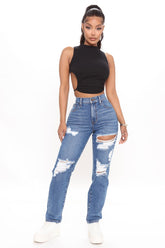 Because I Said So Destroyed Mom Jeans - Medium Blue Wash Ins Street