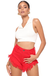 Crazy Little Fringe Distressed Denim Shorts - Red Ins Street