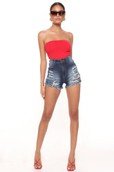 Nowhere To Run Distressed Shorts - Dark Wash Ins Street