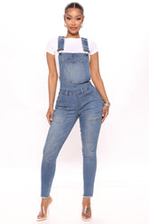 Move Over Stretch Skinny Overalls - Medium Blue Wash Ins Street