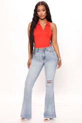 Two Step Distressed Flare Jeans - Light Blue Wash Ins Street