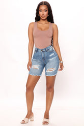 Text Me Stretch Denim Bermuda Shorts - Light Blue Wash Ins Street