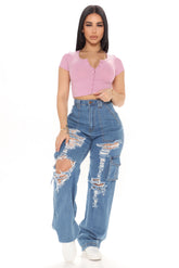 Can't Be Knocked Down Cargo Boyfriend Jeans - Medium Blue Wash Ins Street