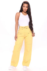 Not Your Girl Utility Jeans - Mustard Ins Street