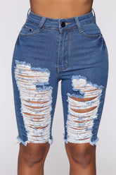 Mellow Out Distressed Bermuda Shorts - Medium Blue Wash Ins Street