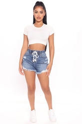 Up And At 'Em Lace Up Denim Shorts - Medium Blue Wash Ins Street