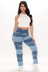 Pacific Coast Patchwork Utility Jeans - Blue Ins Street