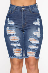 See Me Now Distressed Bermuda Shorts - Medium Blue Wash Ins Street