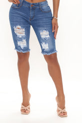 City Slicker Distressed Denim Bermuda Shorts - Medium Blue Wash Ins Street
