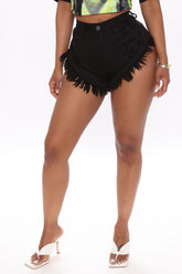 Crazy Little Fringe Distressed Denim Shorts - Black Ins Street
