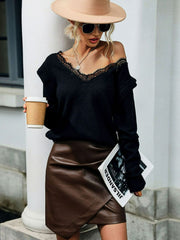 Lace Trim V-Neck Ribbed Trim Sweater Ins Street