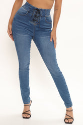 Lace Up To It Stretch Skinny Jeans - Medium Blue Wash Ins Street