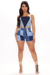 Piece Of Art Patchwork Denim Shorts - Blue/combo Ins Street