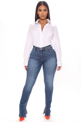 Get My Good Side Slit Premium Stretch Skinny Jeans - Medium Blue Wash Ins Street