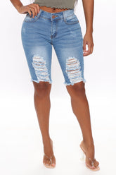 Maia Mid Rise Denim Bermudas - Medium Blue Wash Ins Street