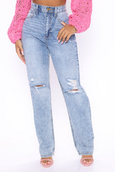 She's A Riot Super High Rise Straight Leg Jeans - Medium Blue Wash Ins Street