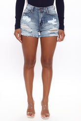 Came For Love Distressed Denim Shorts - Medium Blue Wash Ins Street