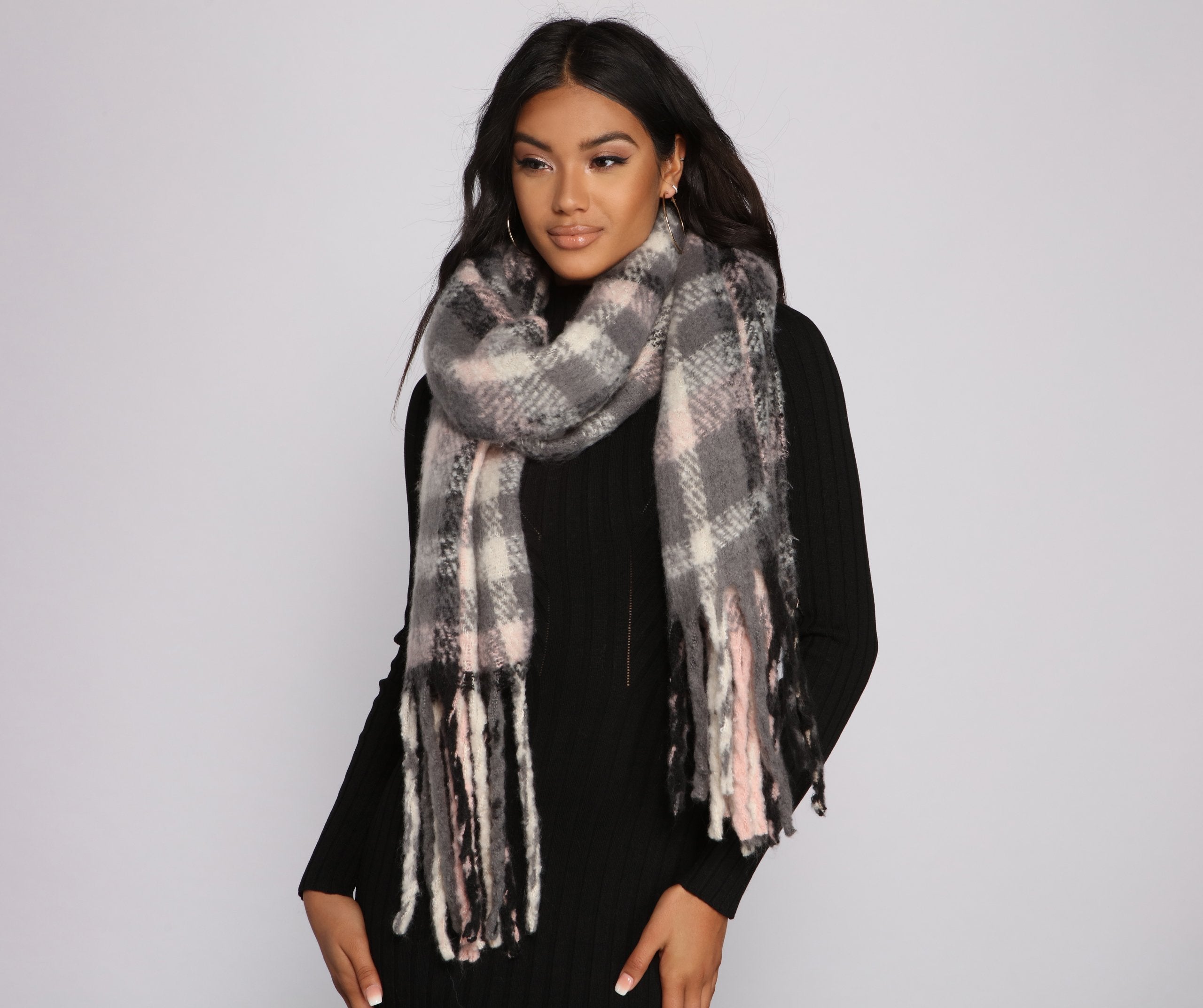 Cozy Plaid Fringe Blanket Scarf Ladies-street