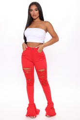 Fray What You Mean Flare Leg Jeans - Red Ins Street