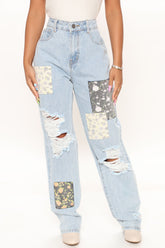 Patch Me Up Distressed Straight Leg Jeans - Light Blue Wash Ins Street