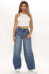 Feel That Beat Baggy Wide Leg Jeans - Medium Blue Wash Ins Street