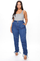 I'm Worth It Cargo Ruched Jeans II - Medium Blue Wash Ins Street