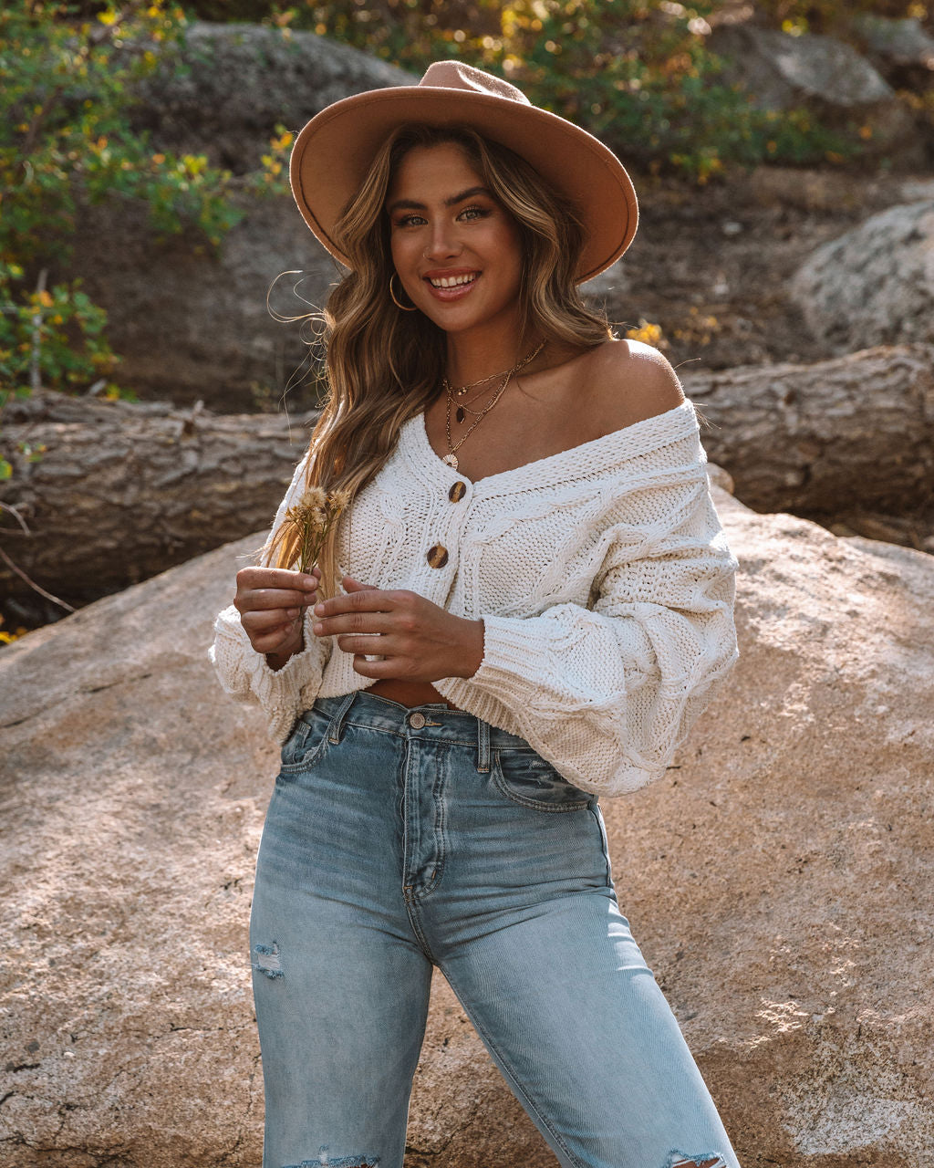 Tyler Button Front Chenille Crop Cardigan - Ivory POLA-001