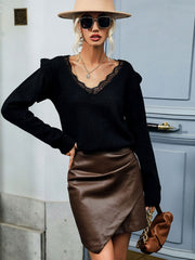 Lace Trim V-Neck Ribbed Trim Sweater Ins Street