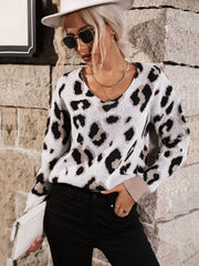 Leopard V-Neck Ribbed Trim Dropped Shoulder Sweater Ins Street