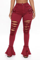Fray What You Mean Flare Leg Jeans - Burgundy Ins Street