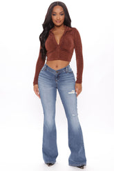 V Good Distressed High Rise Flare Jeans - Medium Blue Wash Ins Street