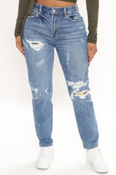Slayin' The Game Slim Boyfriend Jeans - Medium Blue Wash Ins Street
