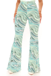 Too Groovy Swirl Print Flare Jeans - Green/combo Ins Street