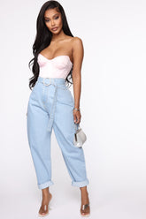 Crystal Clear Belted Balloon Mom Jeans - Light Wash Ins Street