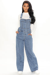 What's The Rush Slouchy Denim Overalls - Medium Blue Wash Ins Street