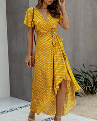 V-Neck Ankle-Length Short Sleeve Patchwork Pullover Women's Dress Ins street