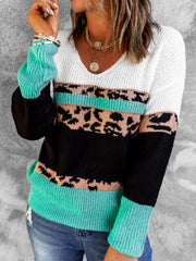 Leopard Color Block V-Neck Rib-Knit Sweater Ins Street