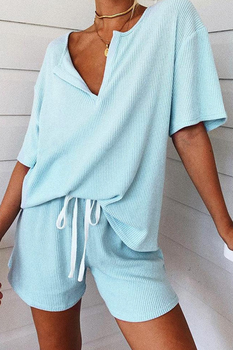 Living Solid Frenulum V Neck Short Sleeve Two Pieces(3 colors) Ins Street