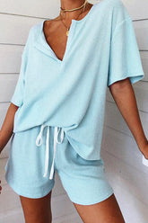 Living Solid Frenulum V Neck Short Sleeve Two Pieces(3 colors) Ins Street